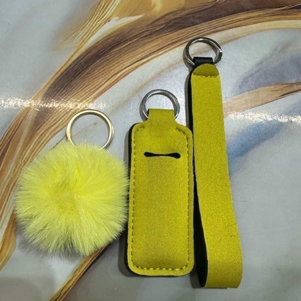 NEW keychain set lip balm holder & wristlet (5 inches) & pom pom